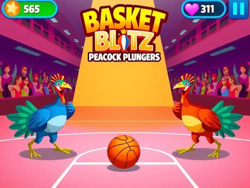 Basket Blitz Peacock Plungers gameplay screenshot showing colorful peacock characters playing basketball